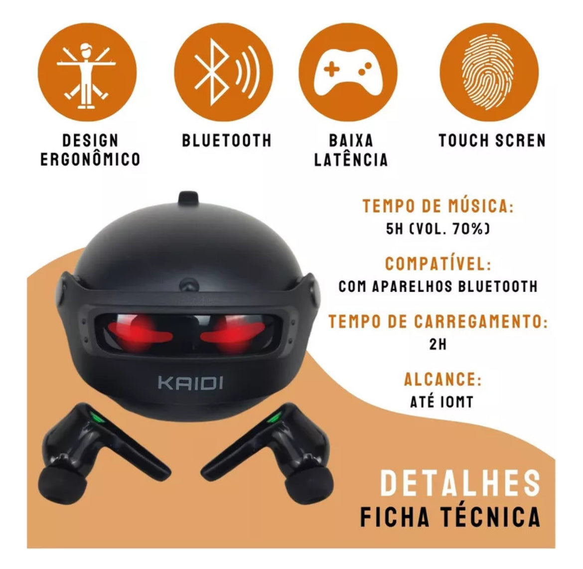 Fone de Ouvido Bluetooth Sem Fio Gamer Kaidi Com Microfone